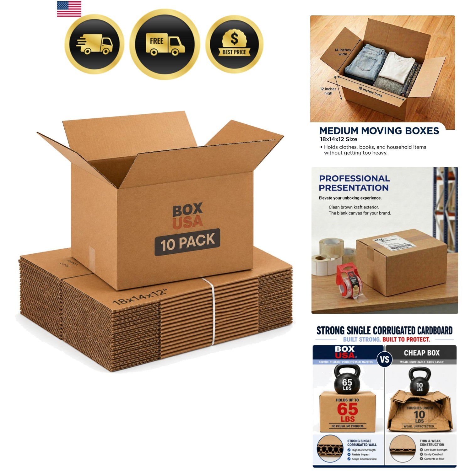 Moving Boxes Medium 18″L x 14″W x 12″H 10-Pack | Corrugated Cardboard Box for…