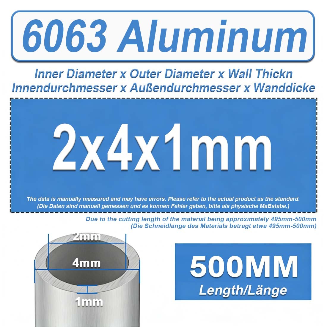 Aluminium Round Tube Pipe 1/1.5/2/2.5/3/4/4.5mm~10mm Wall Thickness 500mm Length
