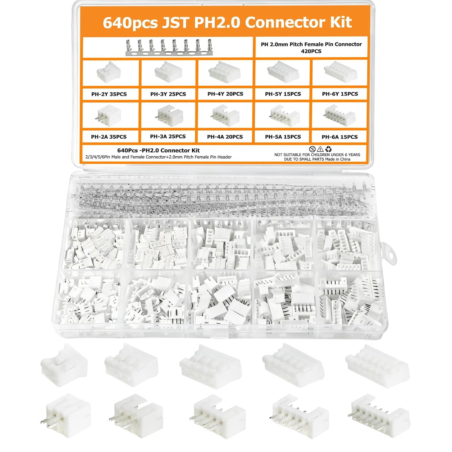 640PCS JST PH 2.0Mm Connector Kit Ph2.0Mm Adapter Cable Terminal Connectors Set