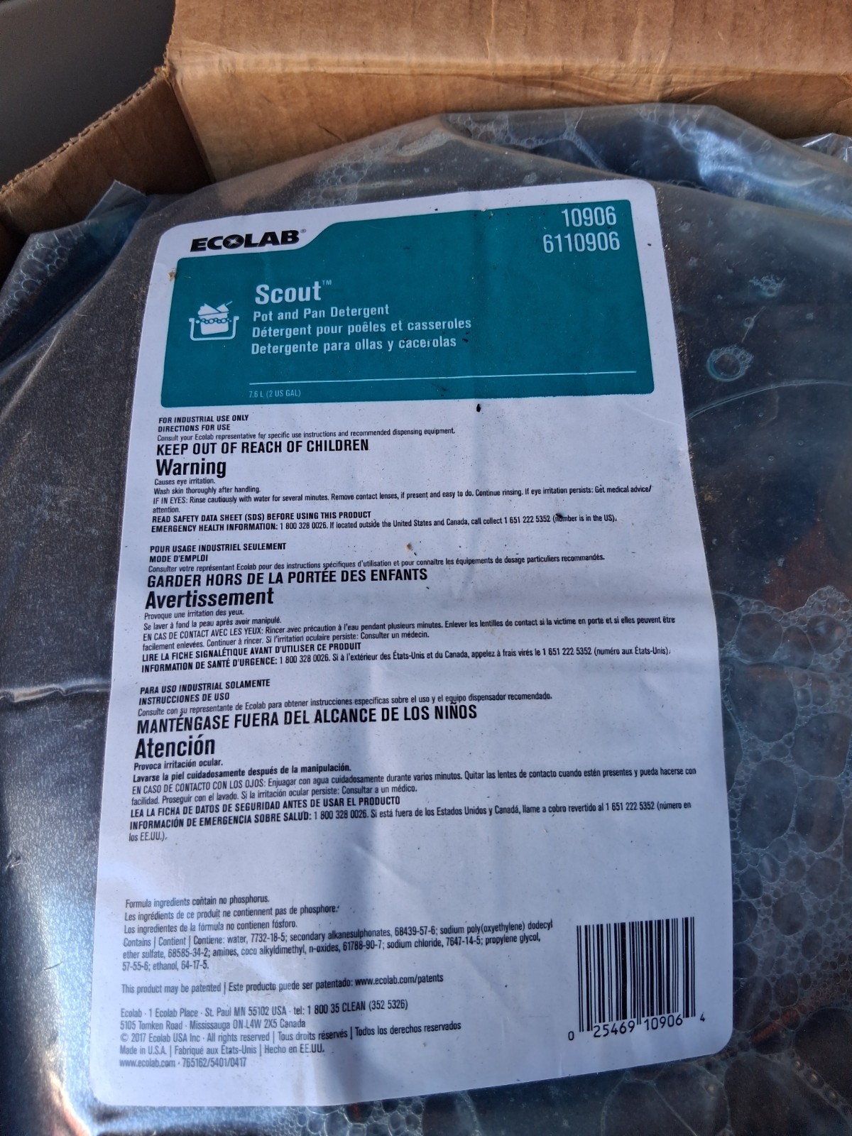 Ecolab Scout Pot & Pan Detergent, Unscented, 7.6 L (2 US gal), 6110906