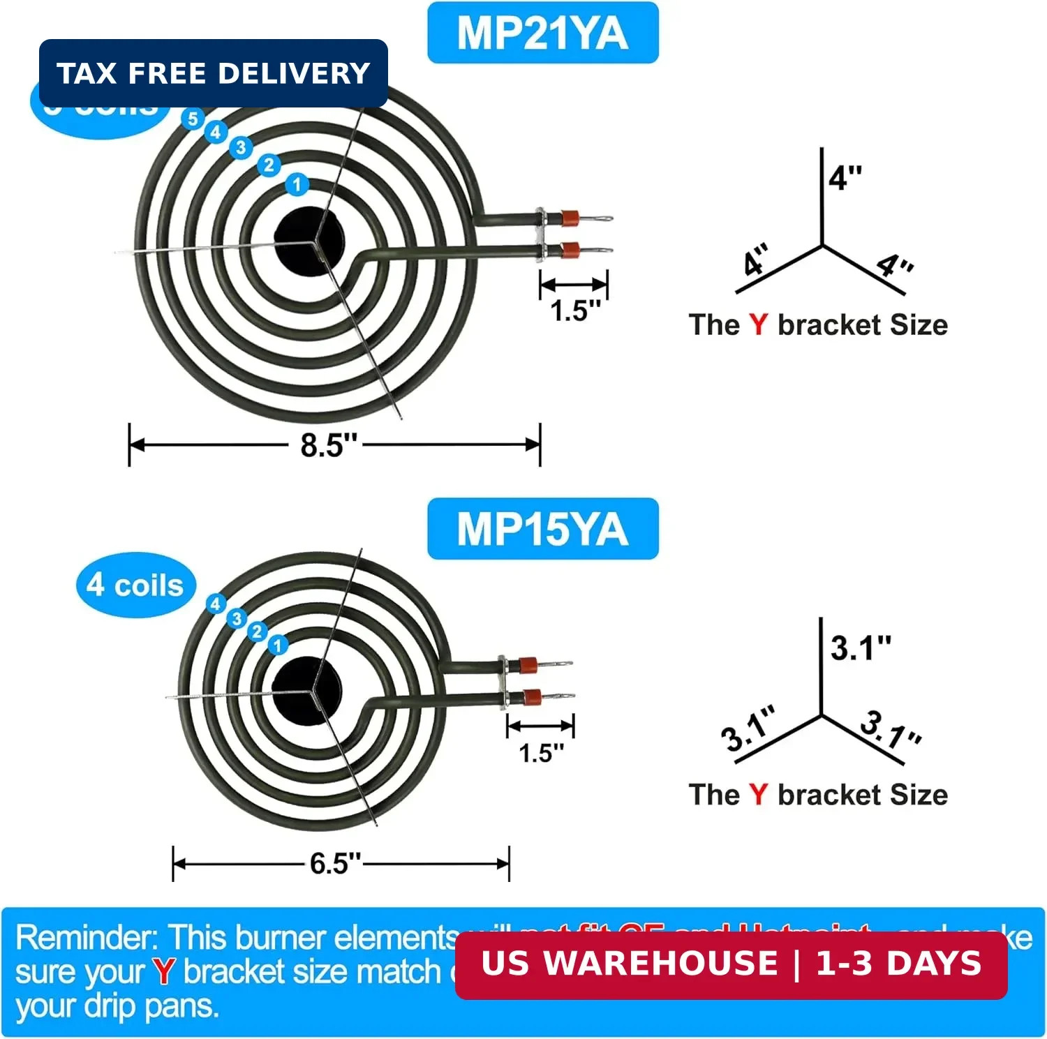 S-Union 4 Pack MP22YA Electric Range Burner Element Unit Set – 2 pcs MP15YA 6″ a