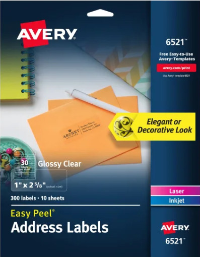Avery 6521 Mailing Labels Address 1″x2-5/8″ 300/PK Glossy Clear