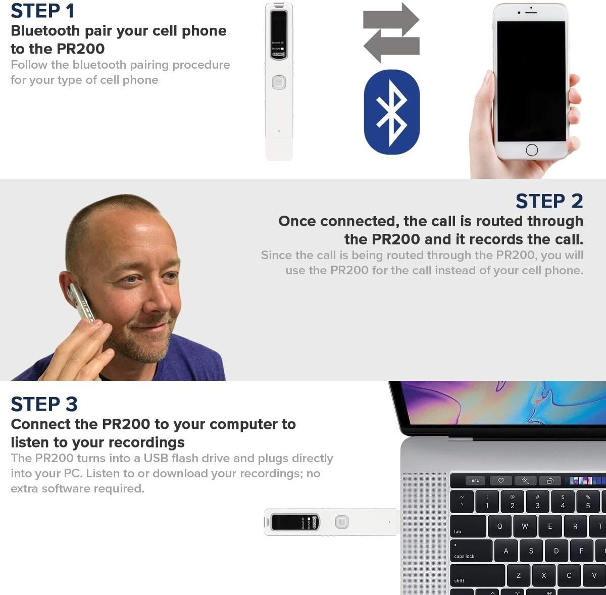 PR200 Bluetooth Cell Phone Call Recording Device, iPhone Android Mobile Recorder