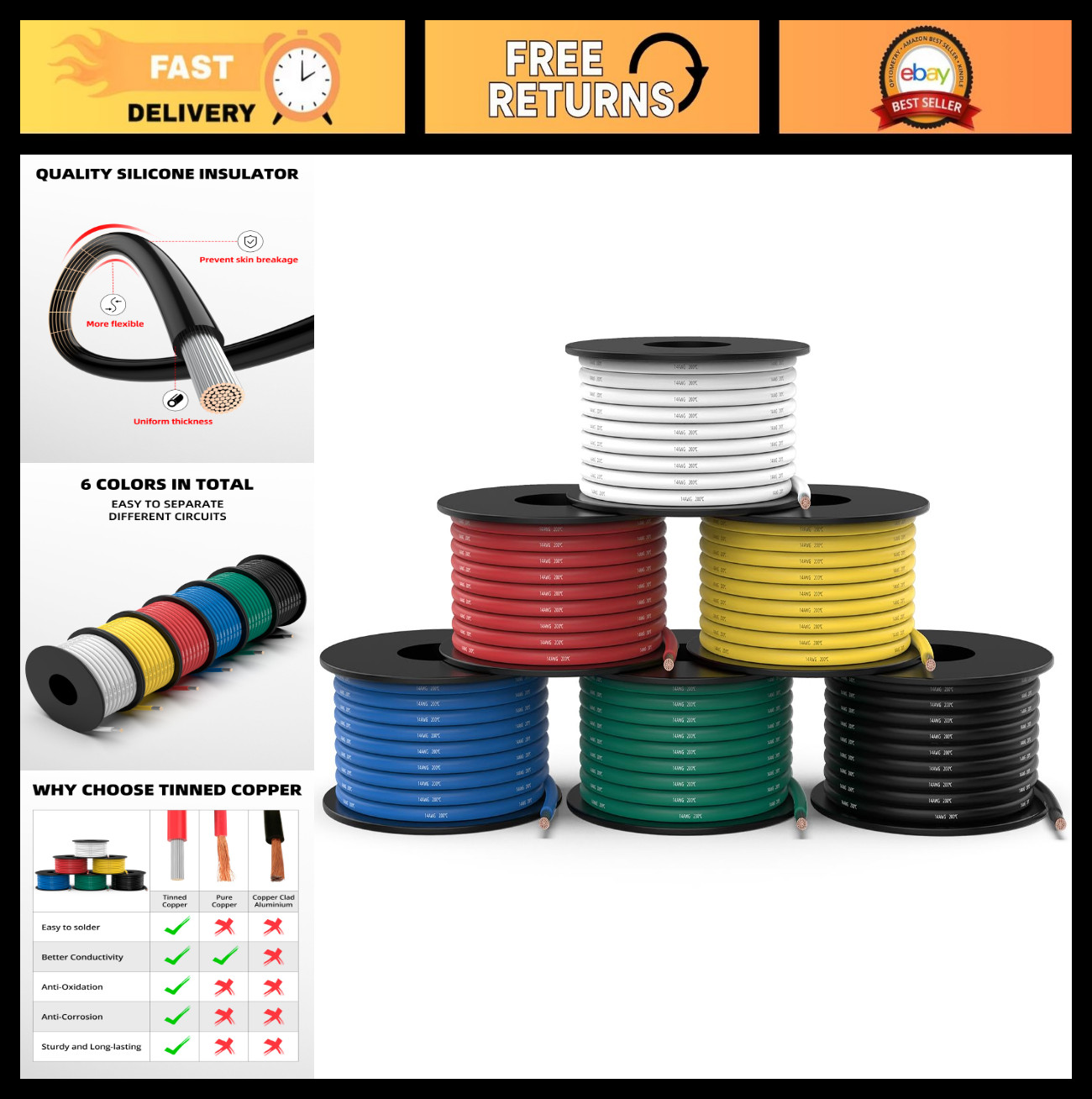 14 AWG 300ft Silicone Tinned Copper Wire – 6 Colors, Flexible Electrical Cable f