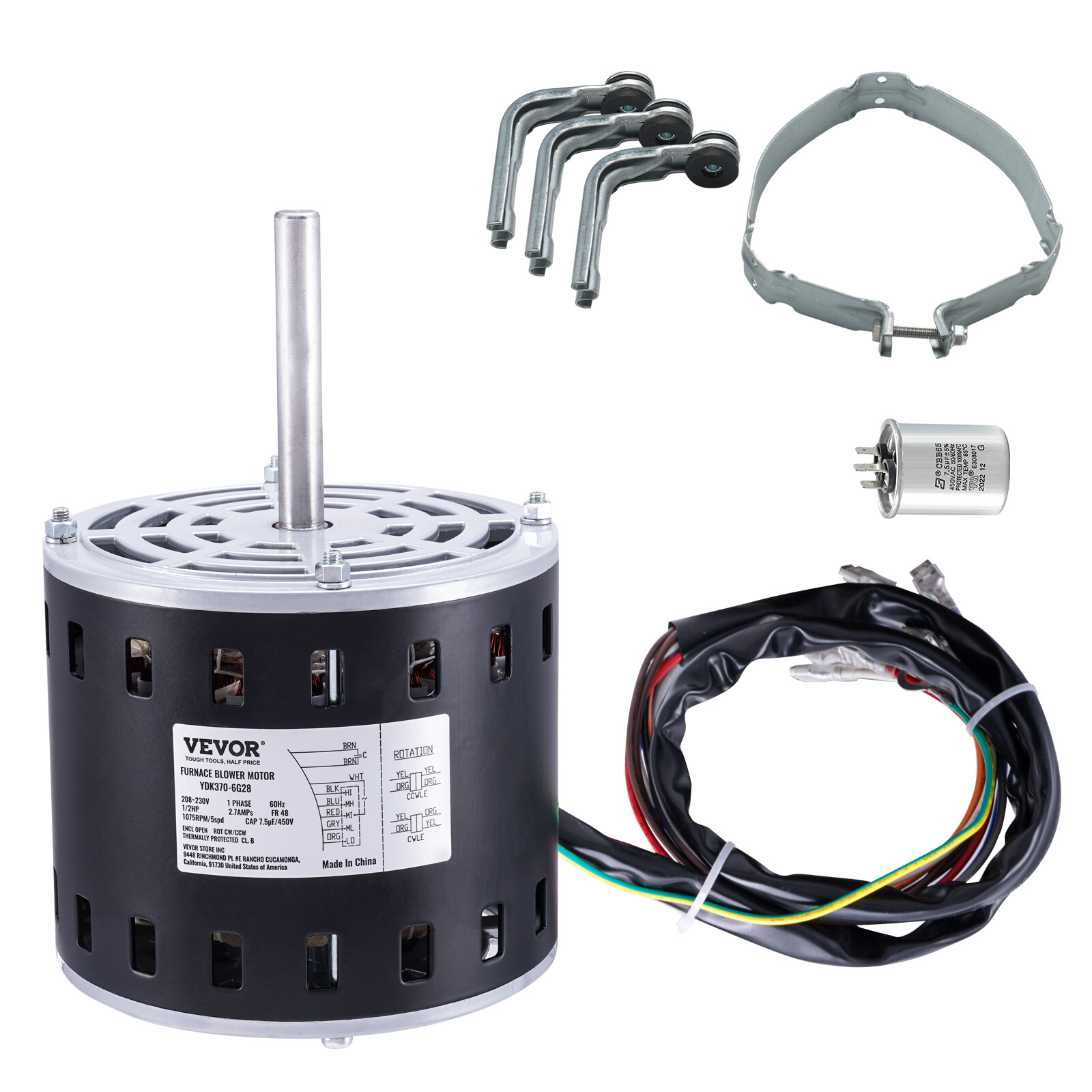 VEVOR 1/2HP Furnace Blower Motor 208-230V 2.7A 1075RPM 5 Speeds 48 Frame 1 Phase