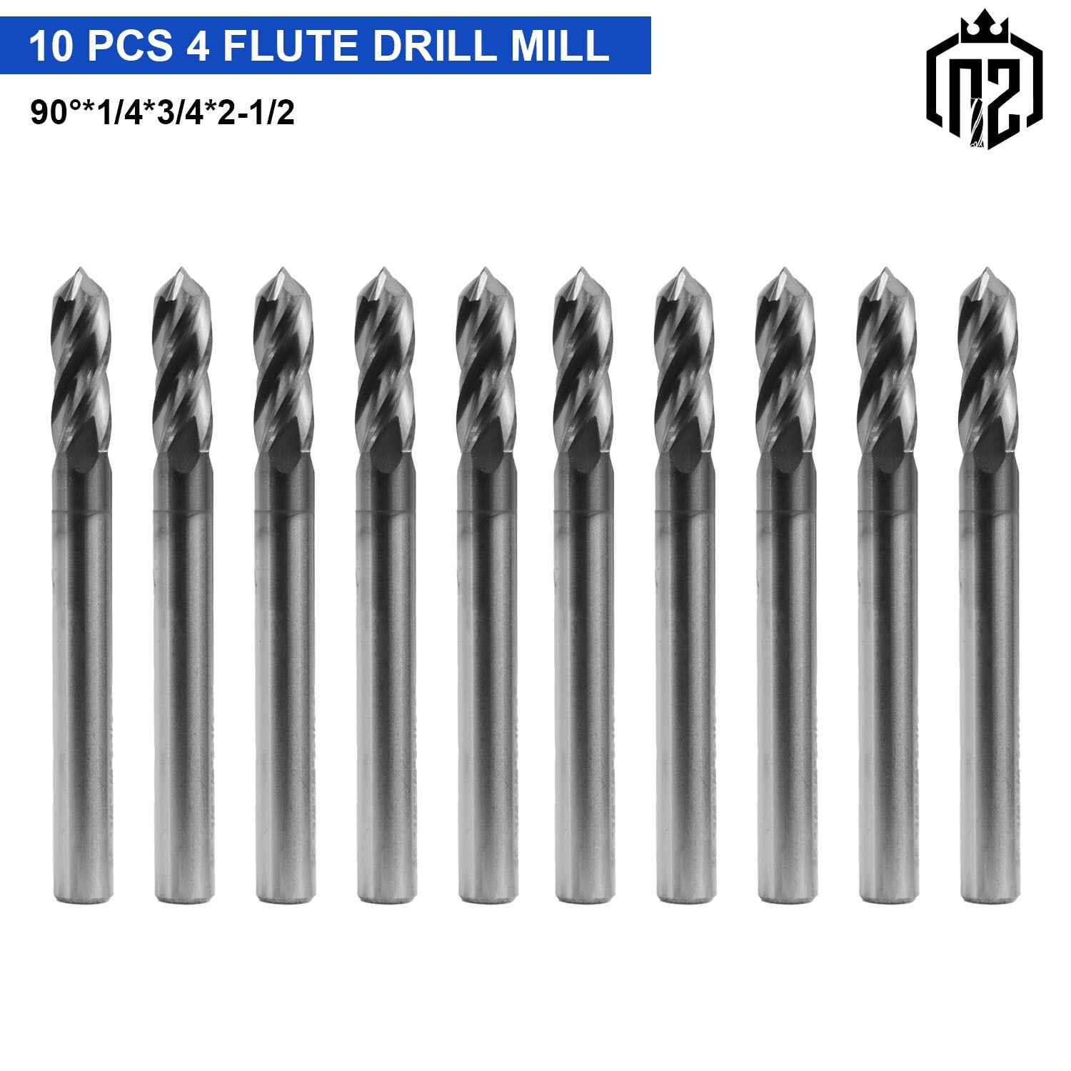 10Pcs 4 Flute 90 Degree 1/4″x3/4″x2-1/2″ Solid Carbide Drill Mill – AlTiN Coated