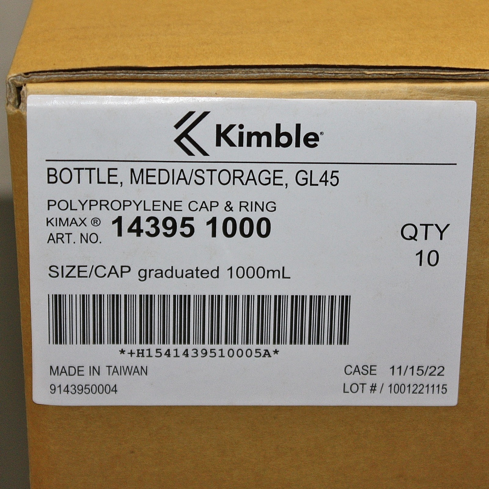 (10) Kimble Media Bottles 14395-1000, 1L / 1000mL, Borosilicate Glass, GL45 Cap