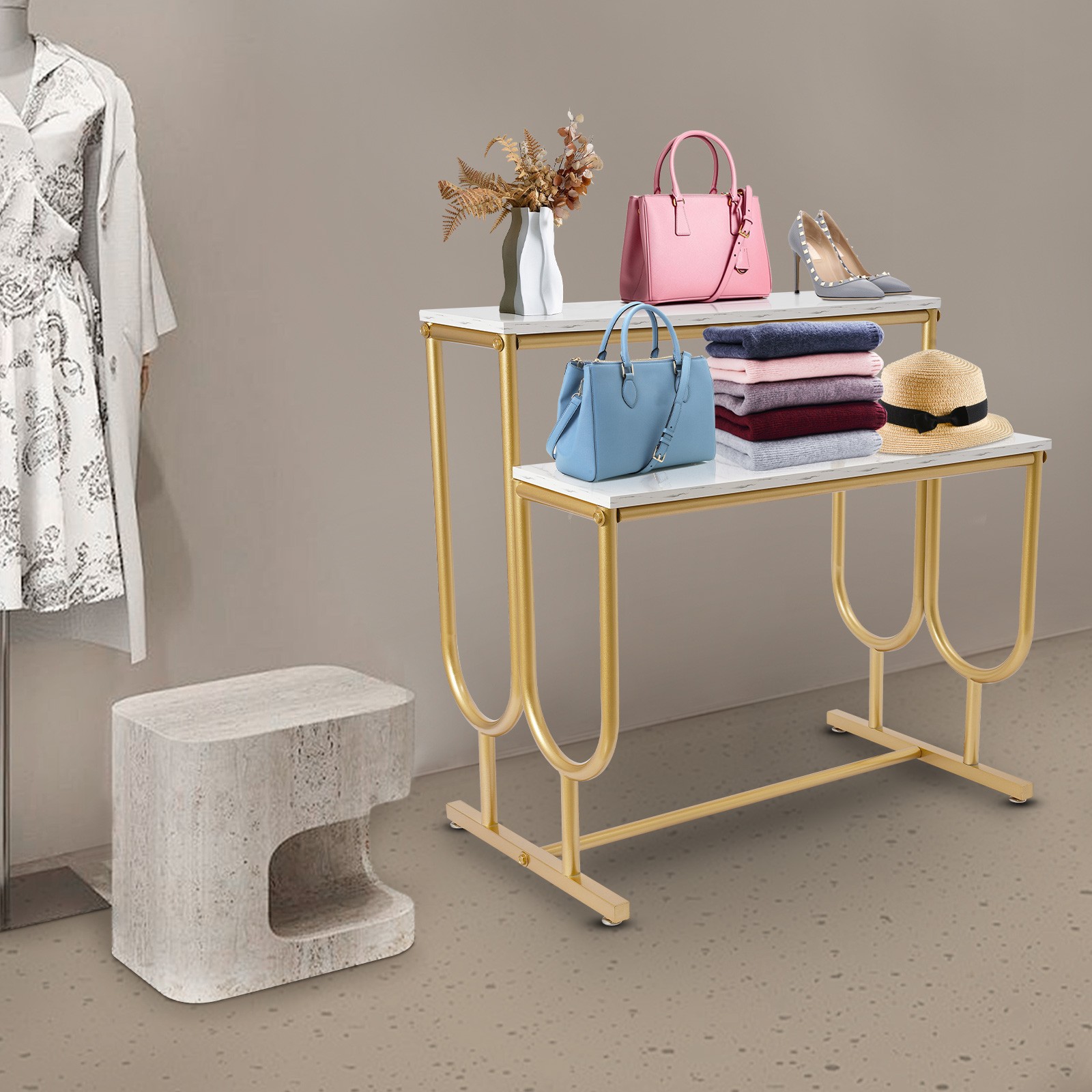 Modern Shoe Handbag Display Table, 2 Tiers Heavy Duty Display Stands White Gold