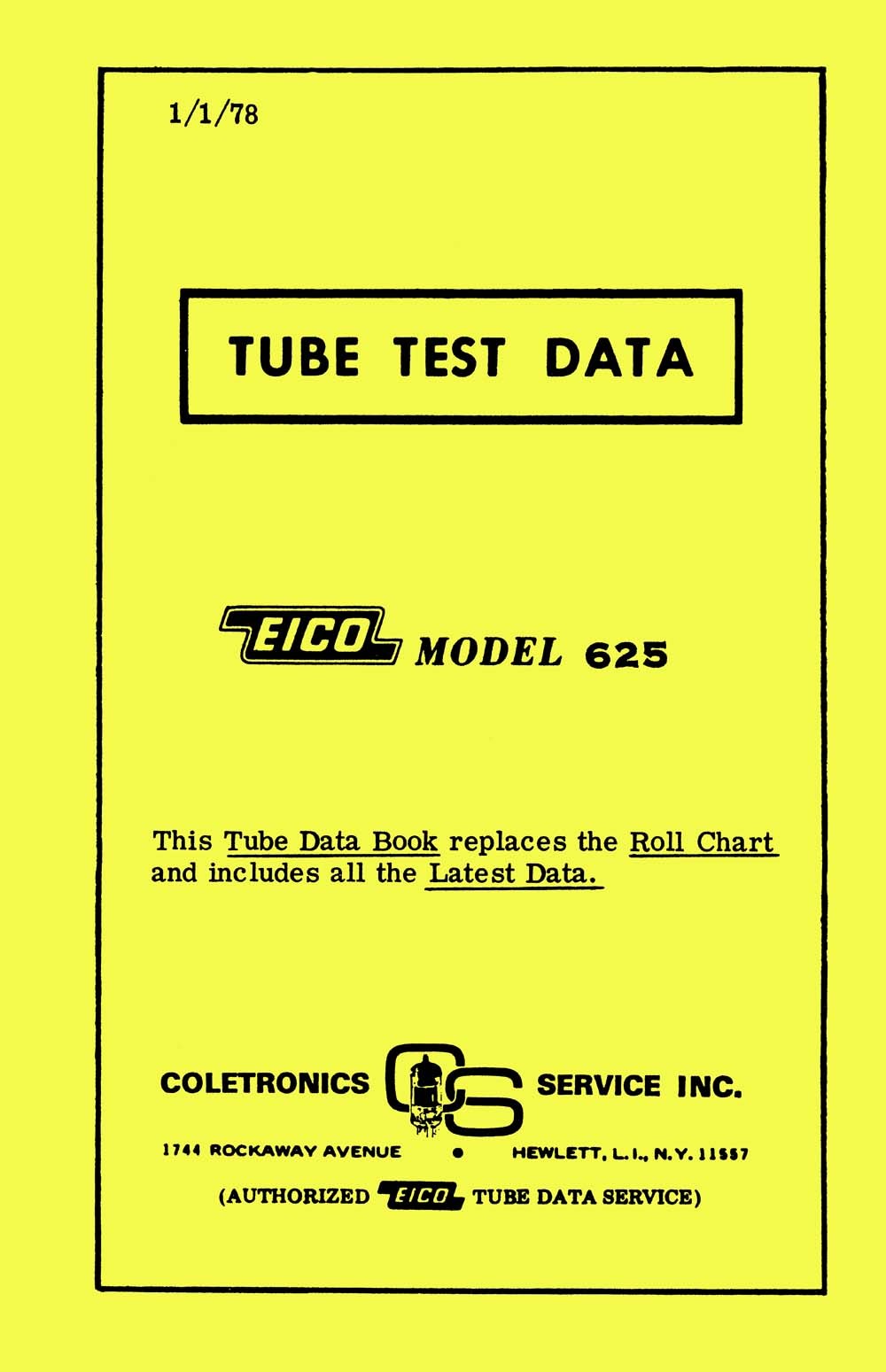 1978 Tube Test Data for Eico 625 Tube Testers