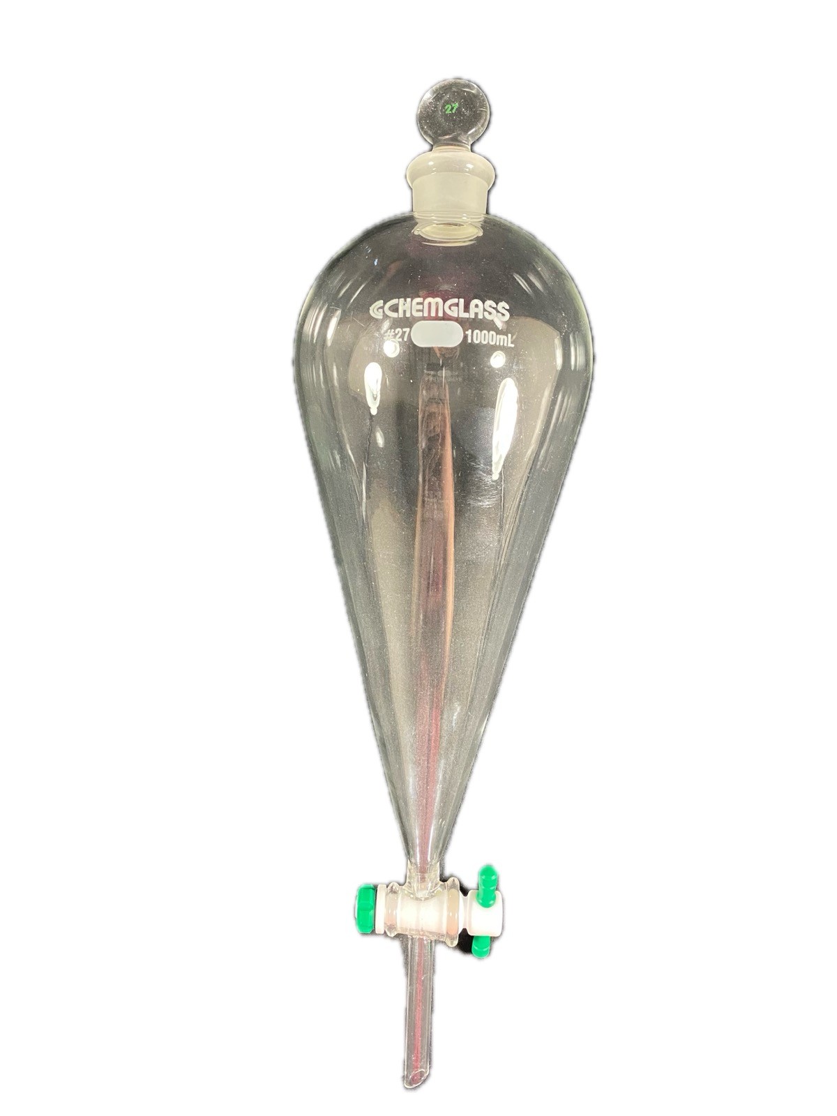 CHEMGLASS 1000mL Squibb Separatory Funnel w/ Stopcock #27 Stopper CG-1742-06 A