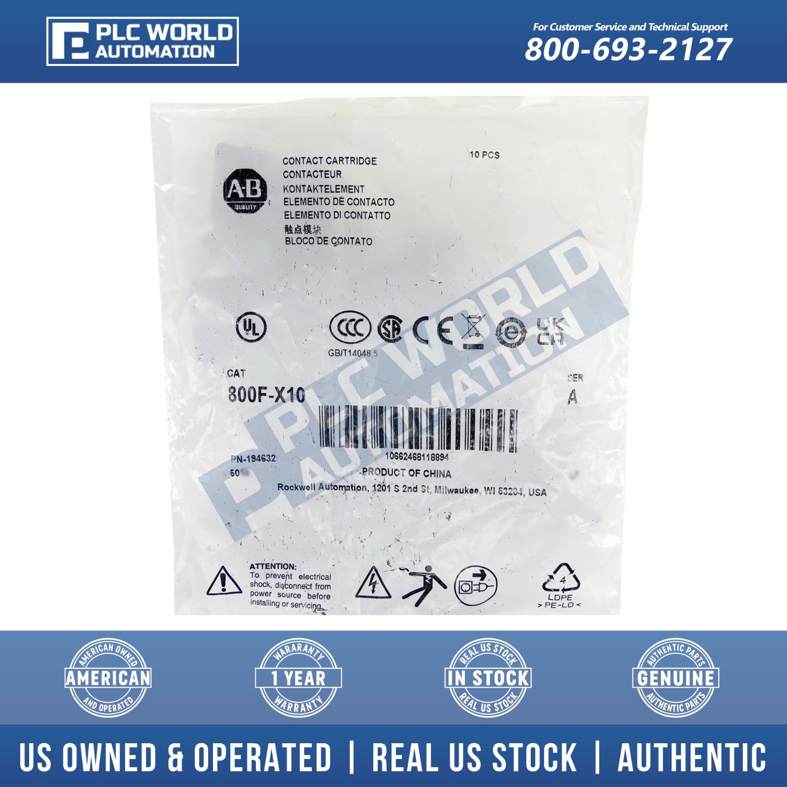 Allen Bradley 800F-X10 Contact Block, 1 NO, 10 A, Screw, Pack of 10, New Sealed