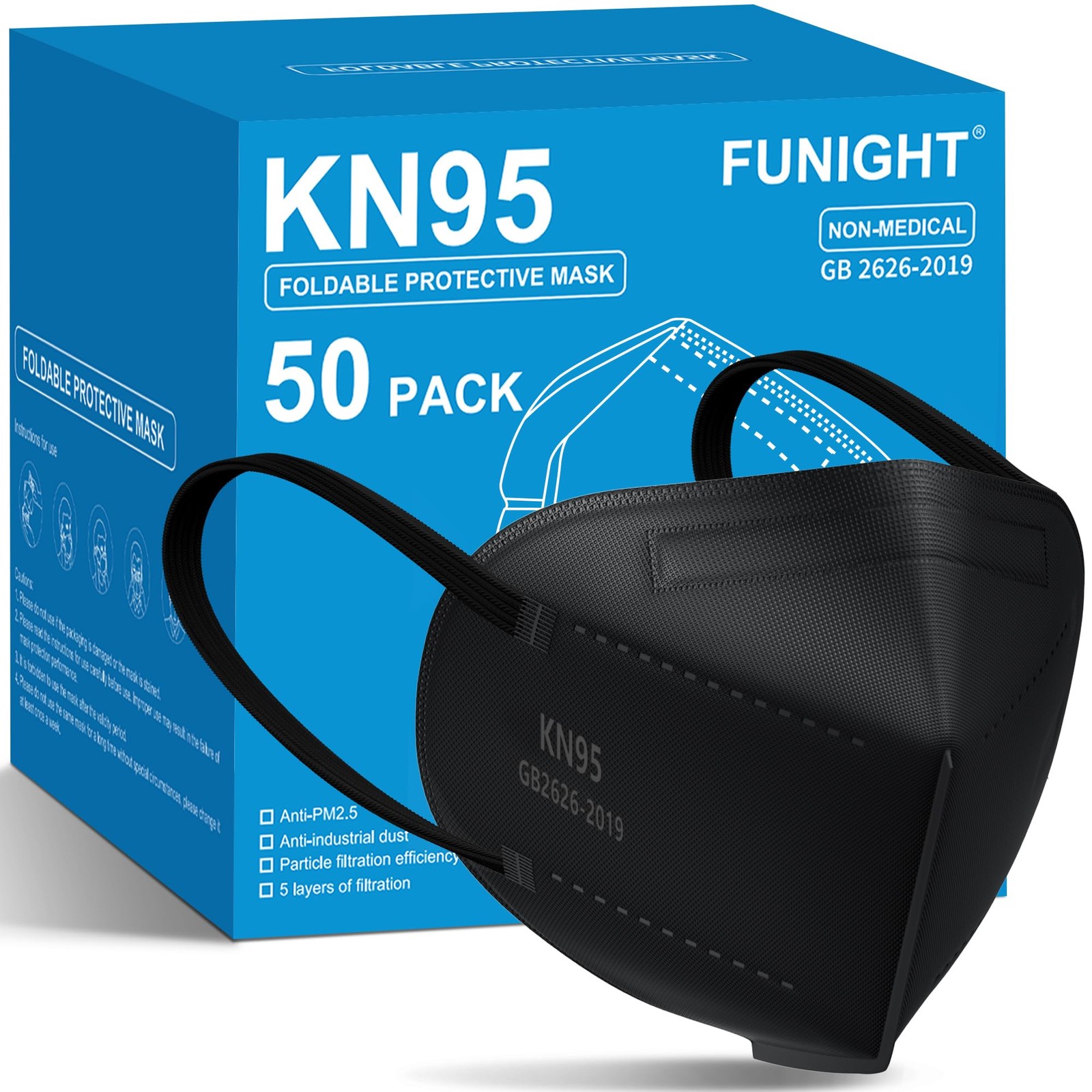 Funight KN95 Face Masks 50 Pack 1 Count (Pack of 50), Adult-50 Pack-black