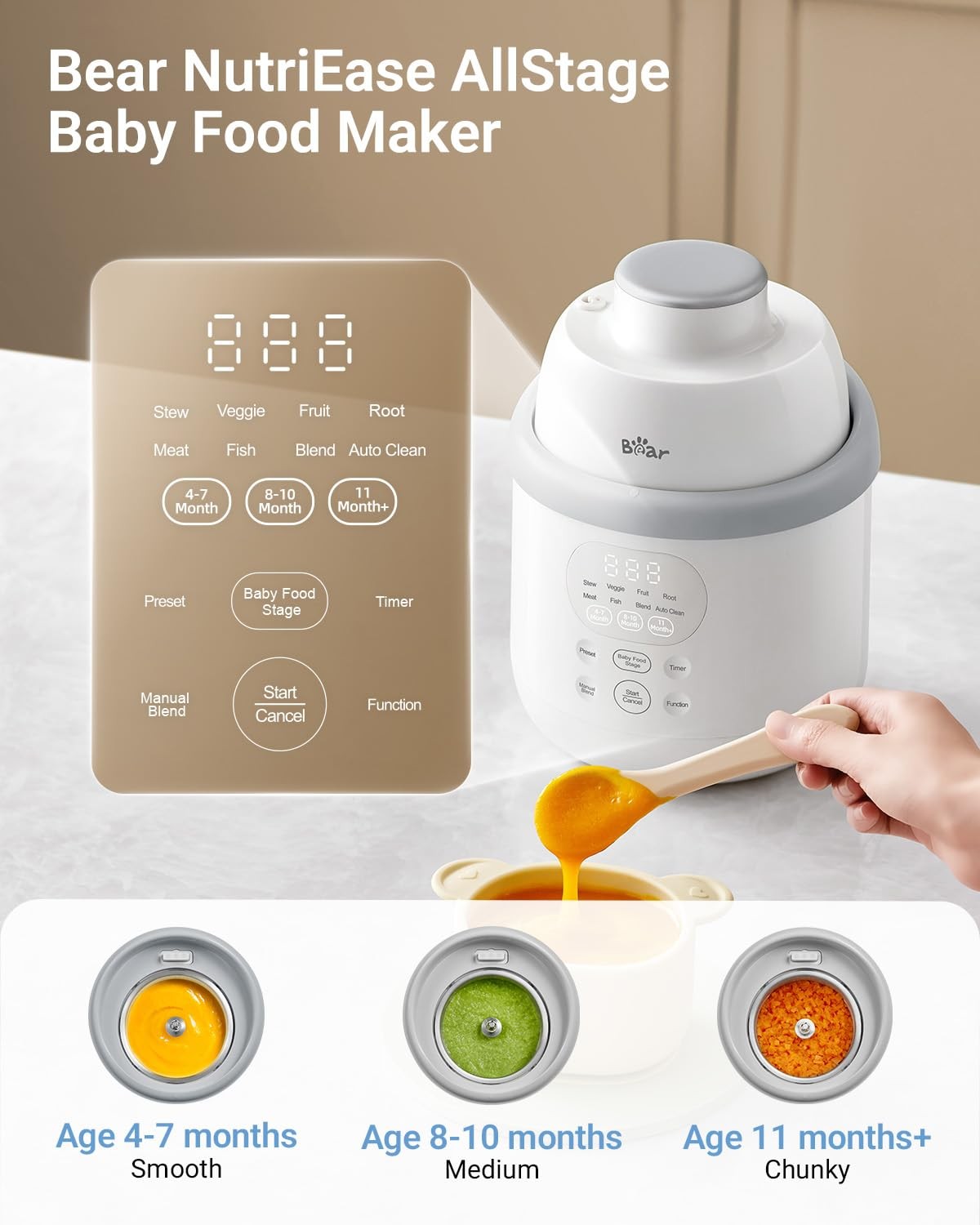 Bear All-Stainless Steel Baby Food Maker, NutriEase small, White&Grey-Upgrade