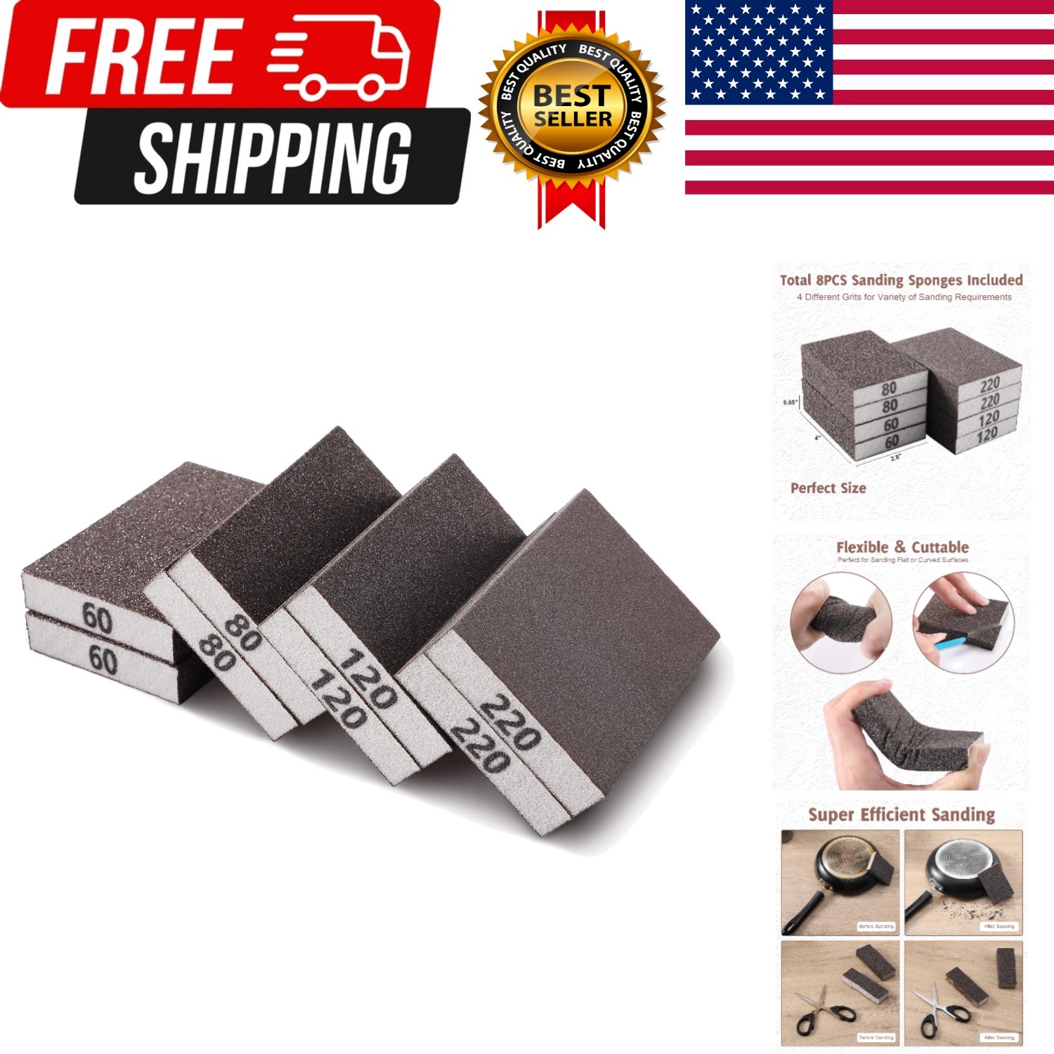 8PCS Sanding Sponge, Blocks of 60/80/120/220 Assorted Grits,…