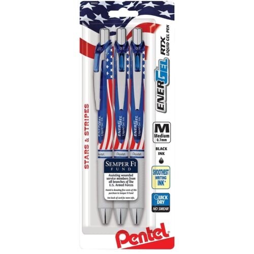 Pentel EnerGel RTX 0.7 STARS STRIPES 3 BLACK LIQUID GEL PEN SEMPER FI MARINE👍3