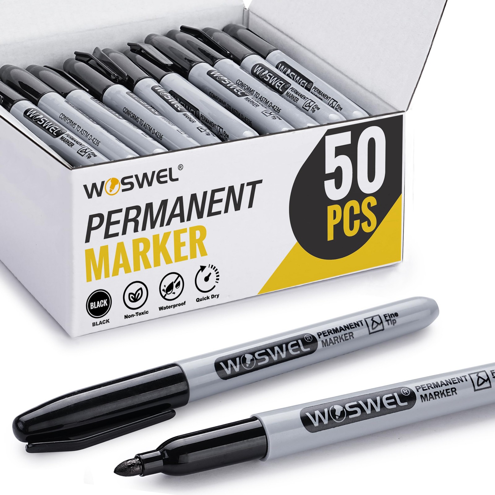 WOSWEL Permanent Markers Bulk, 50 Pack, Black 1 Count (Pack of 50),