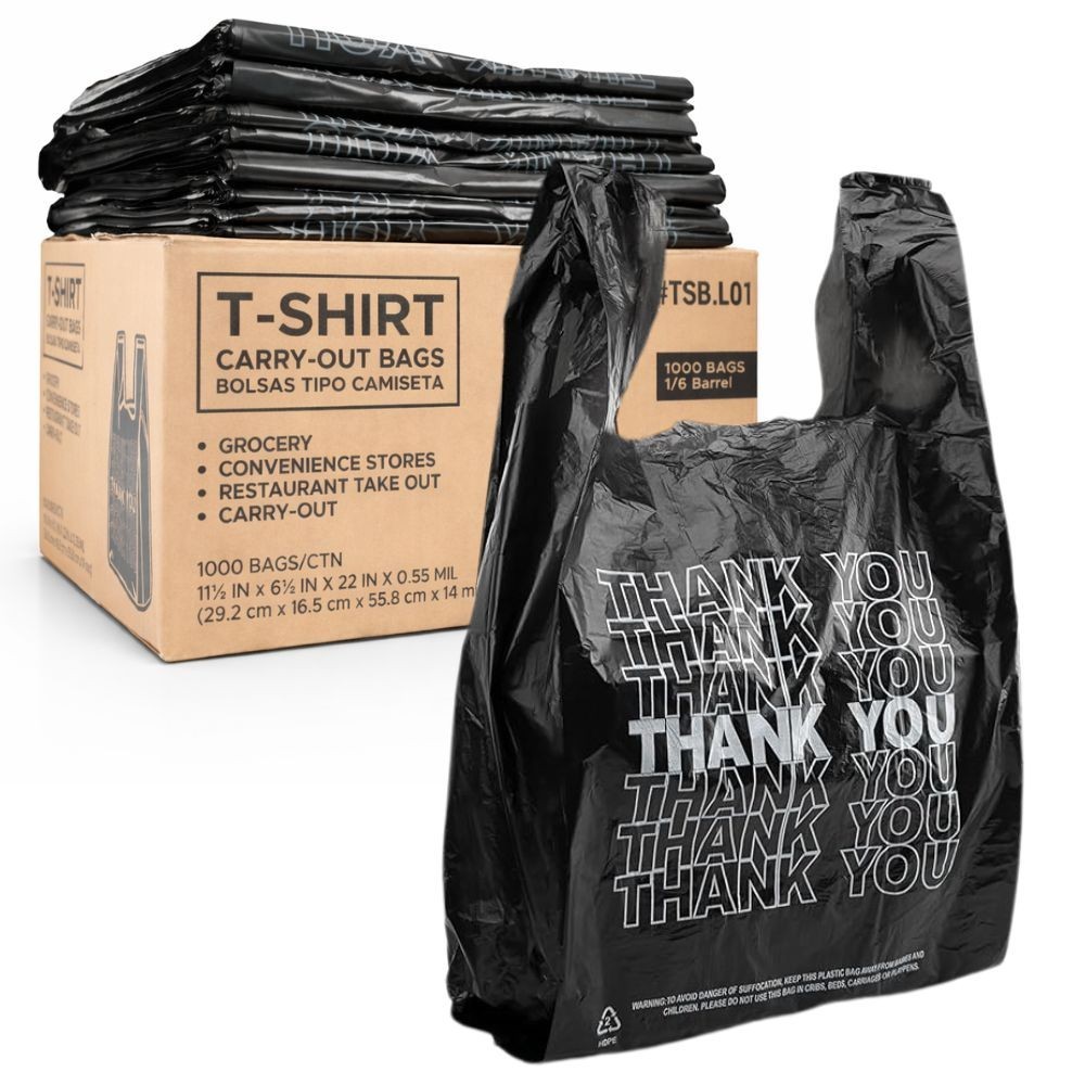 Black Thank You T-Shirt Bags 1000 Count Heavy Duty Grocery Retail Shopping Bags