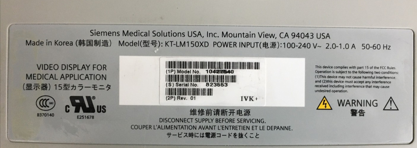 SIEMENS ACUSON X300 KT-LM150XD 10427540 LCD Monitor Video Display WARRANTY TESTE