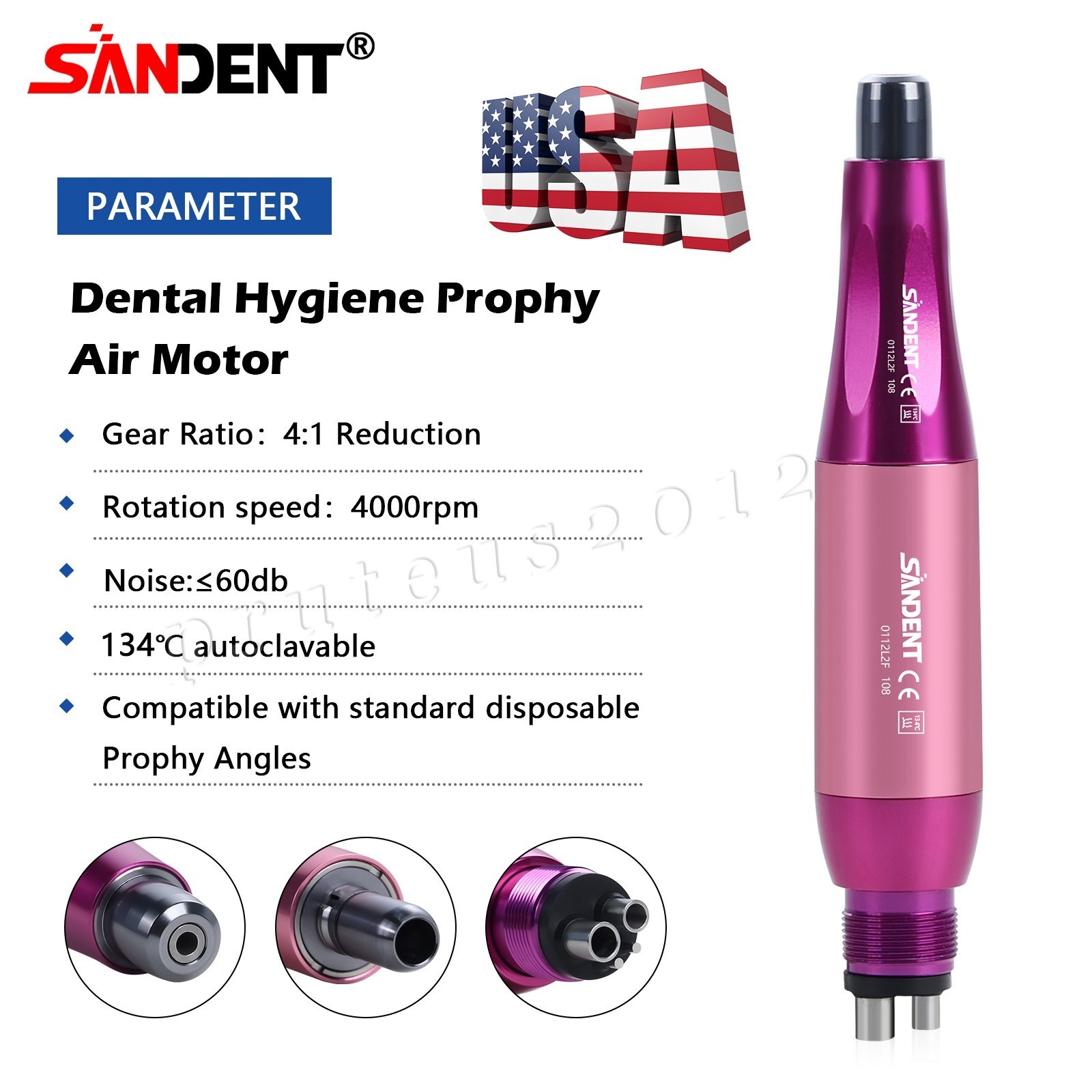 Dental Hygiene Prophy Handpiece Air Motor 4 Holes 4:1 Nose Cone 360°Swivel Pink