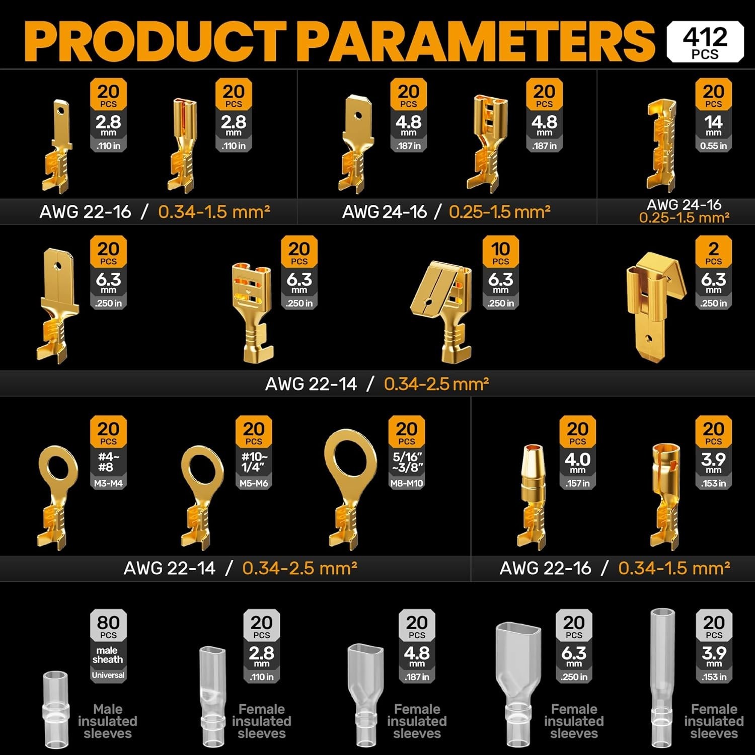 Ergonomic Wire Crimp Tool Kit with 14 Male & Female Terminal Sizes – Heavy Duty