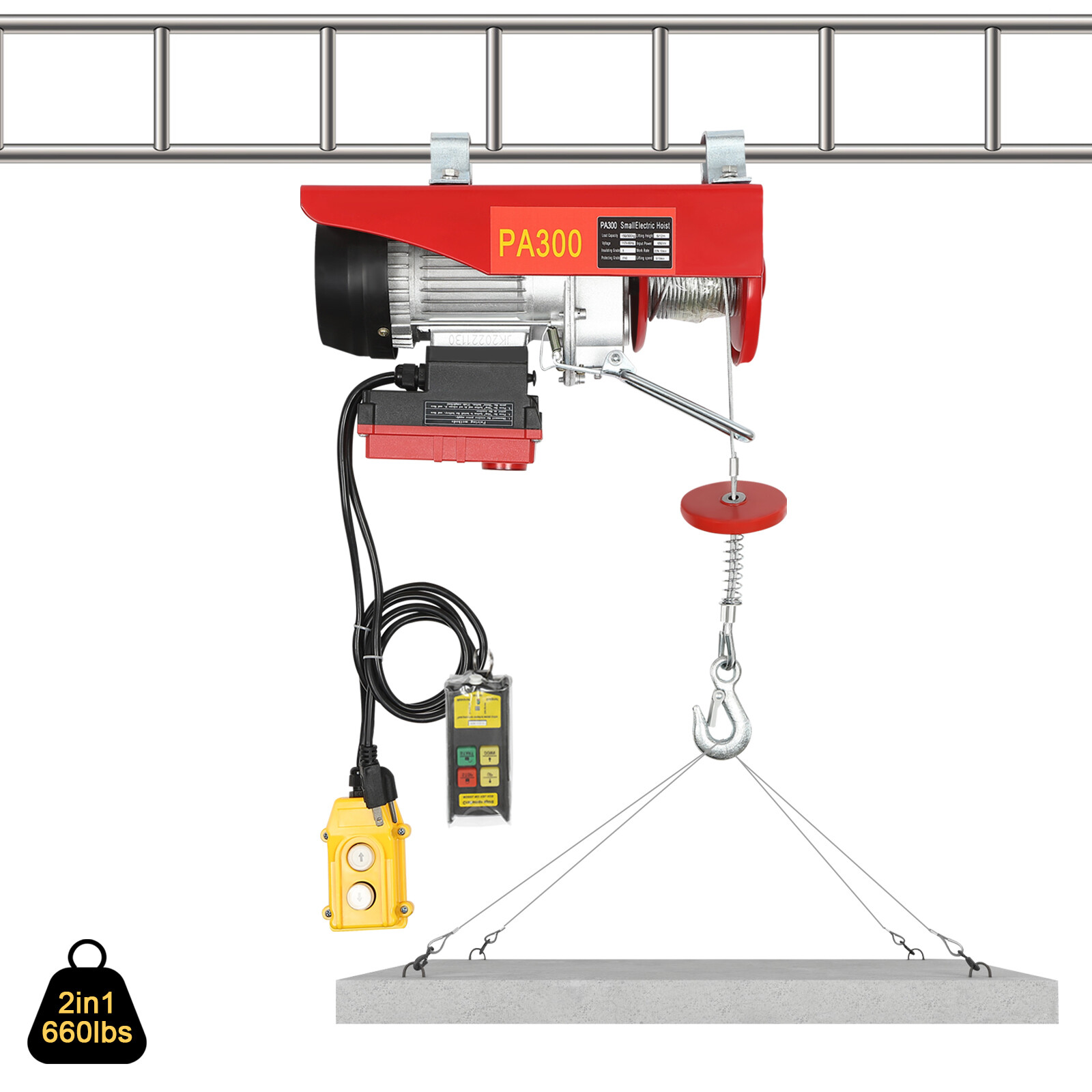 Electric Hoist 660LBS with Wireless Remote Control & Single/Double Slings Winch