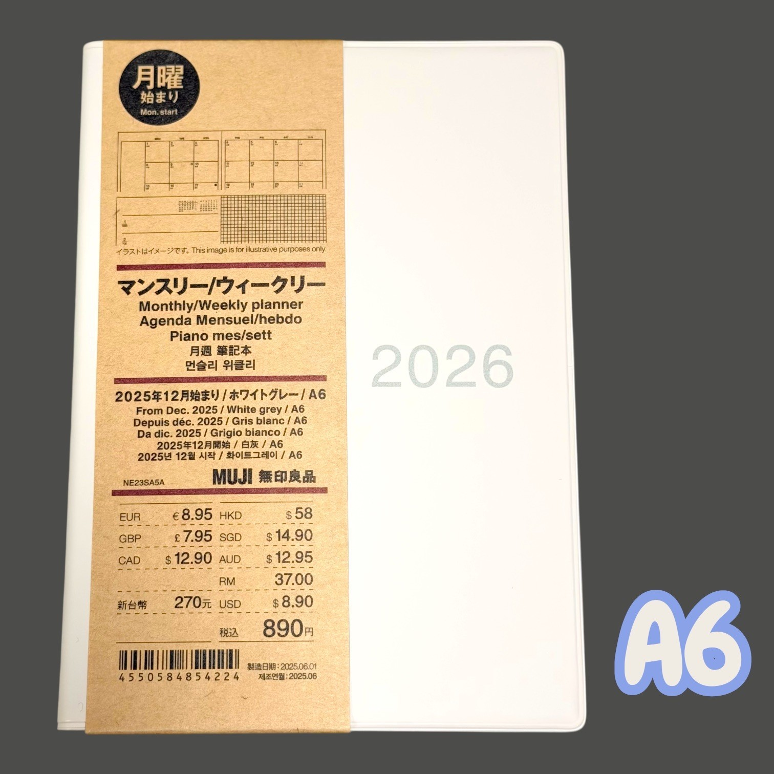 MUJI 2026 Planner – WHITE GREY A6 – Mon. Start Monthly Weekly From December 2025