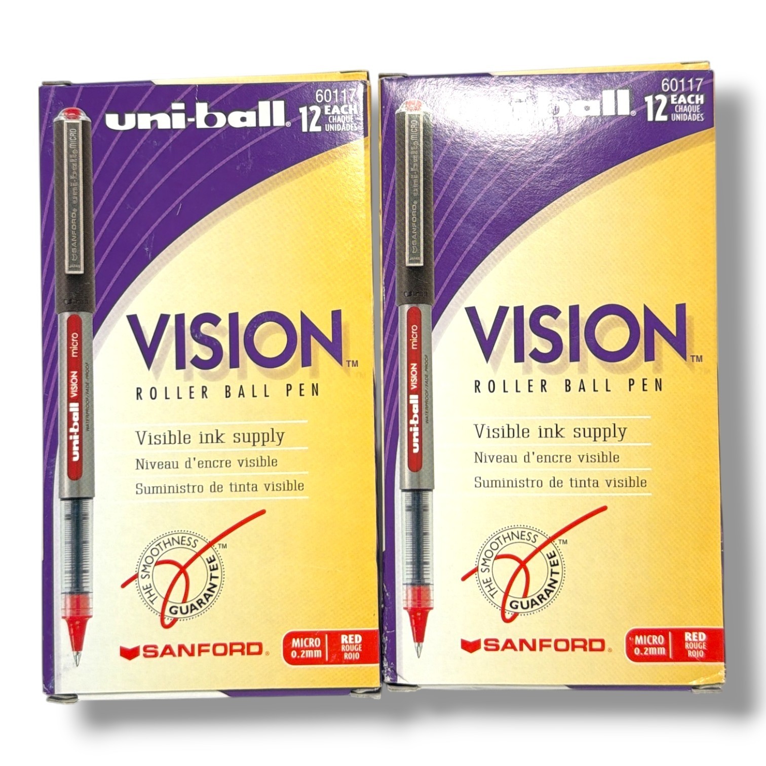 *Uni-Ball Vision Roller Ball Pen (60117) 12 each Micro 0.2mm -Red- LOT OF 2