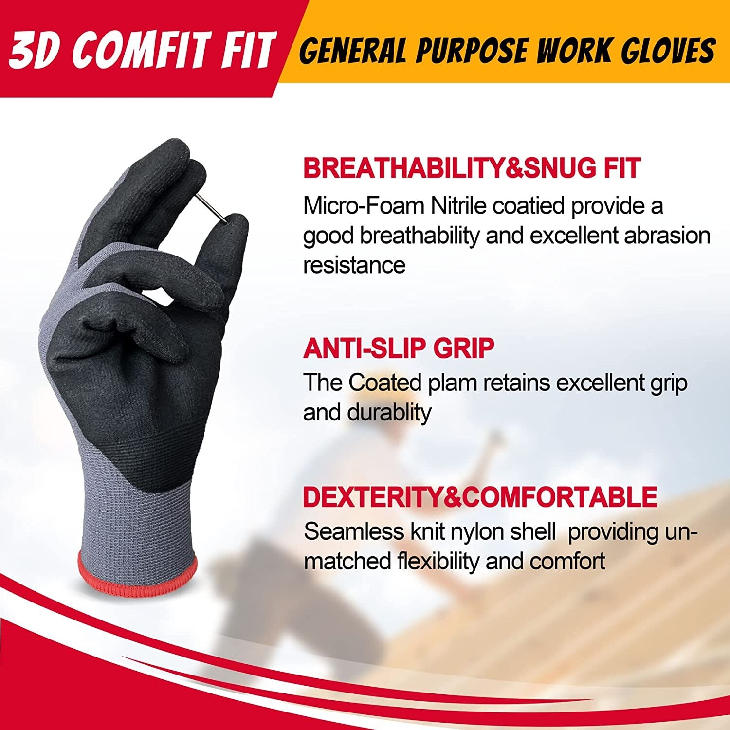 EvridWear Safety Work Gloves, Touchscreen Micro-Foam Nitrile Coated Unisex Glove