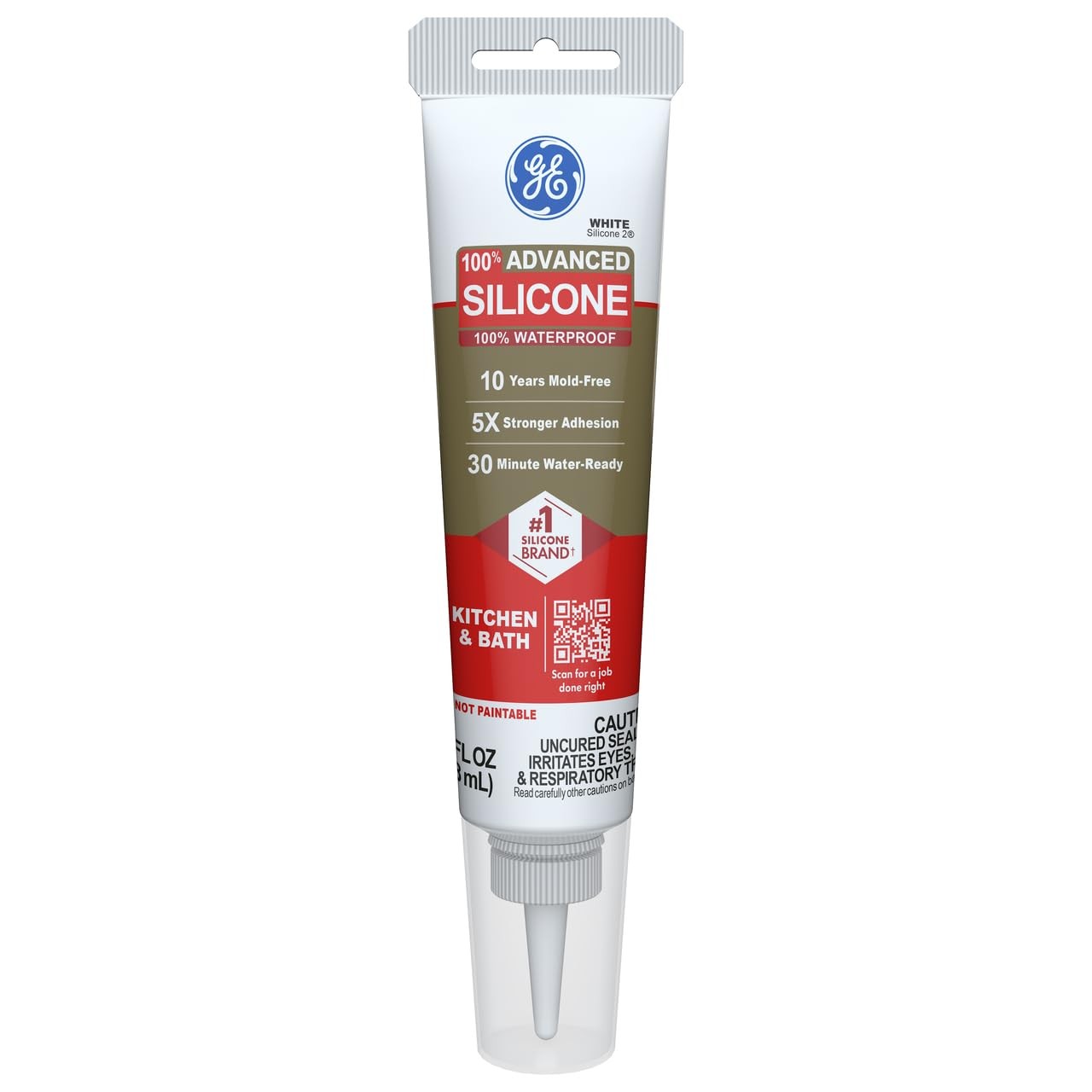 GE Advanced Silicone Caulk for Kitchen & Bathroom White 2.8 fl oz Tube 1 Pack