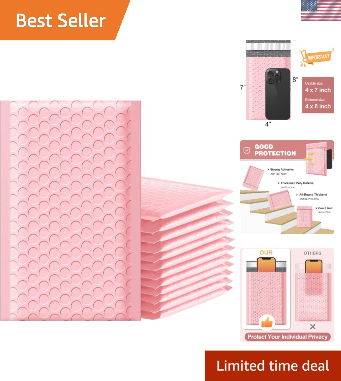 Stylish 4×8 Inch Light Pink Bubble Mailers – 100pcs Reliable Packaging Solution