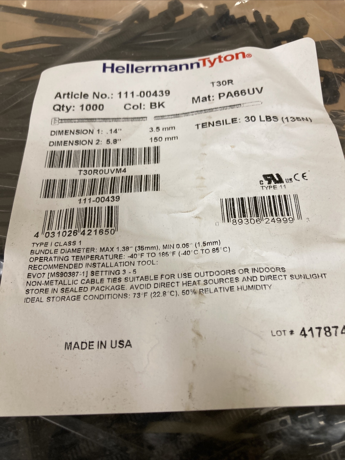 HellermannTyton UV Resistant Cable Tie 5.8 In Long 30 Pound Strength 1000 Pieces