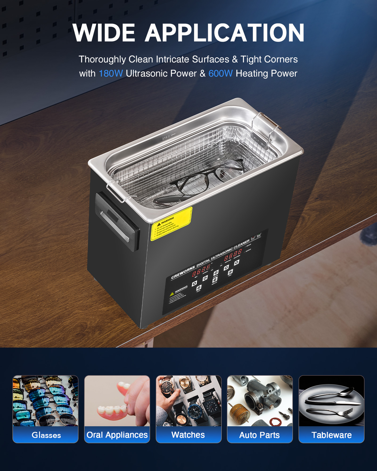CREWORKS 6L Ultrasonic Cleaner Titanium Steel 500W Heater w/ Degas & Gentle Mode