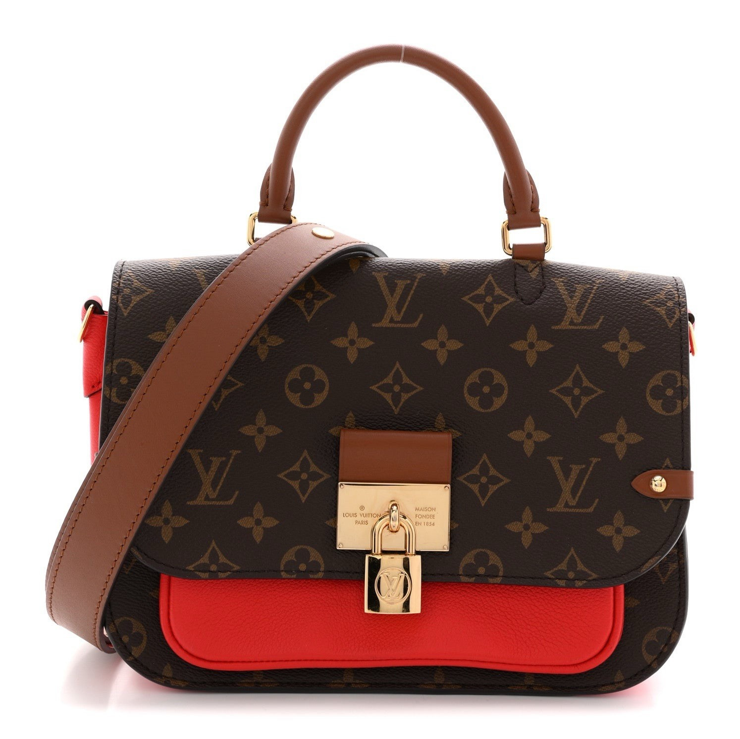 Louis Vuitton Monogram Brown/Red Satchel Top Handle w/ Lock, Detachable Strap