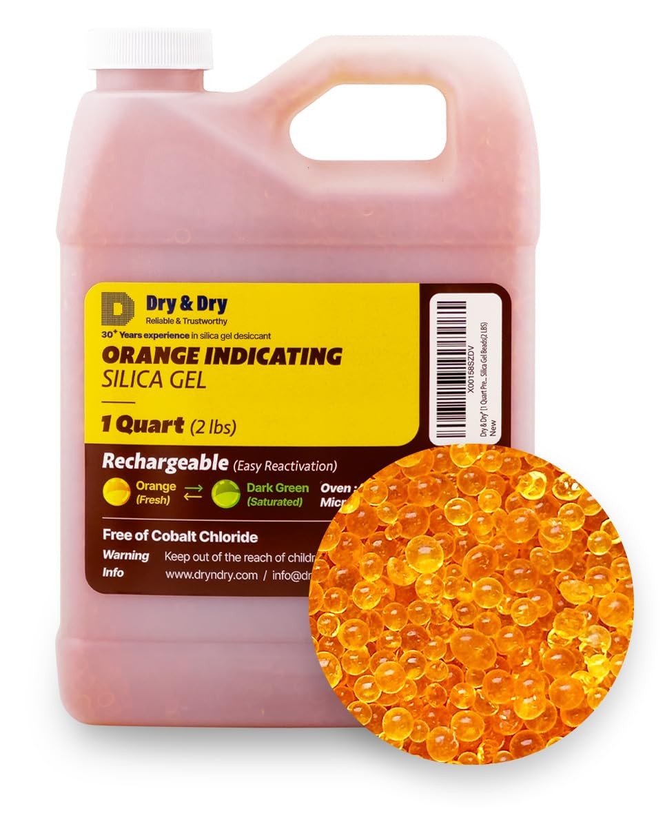 «Dry & Dry» [1 Quart] Premium Orange Indicating Silica Gel Desiccant Beads(Indus