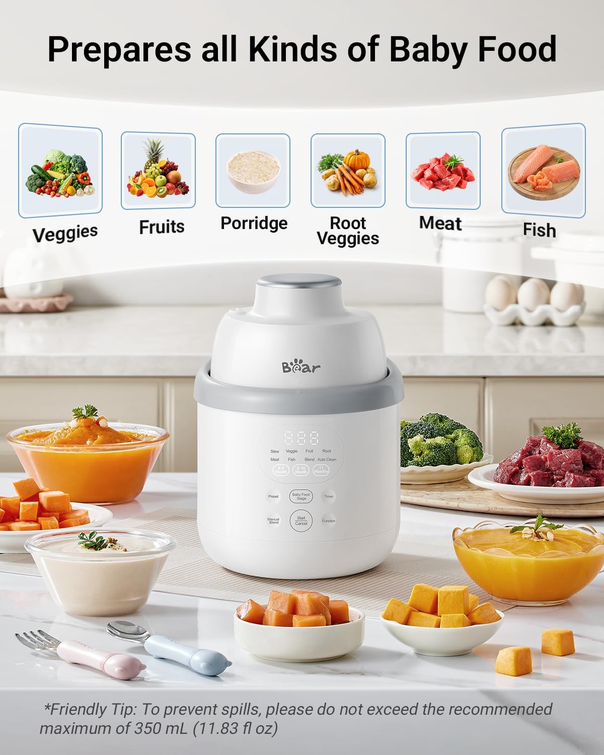 Bear All-Stainless Steel Baby Food Maker, NutriEase small, White&Grey-Upgrade