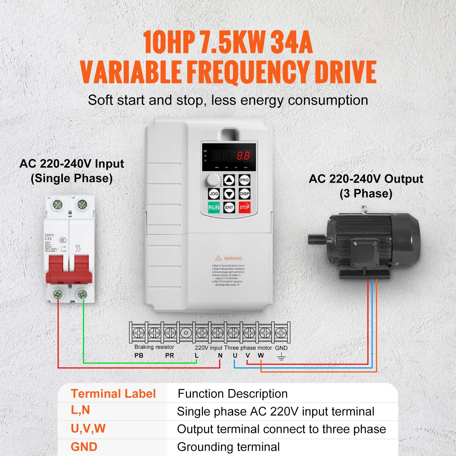 7.5KW 10HP Variable Frequency Drive Inverter Convert 1 To 3 Phase VFD 220V