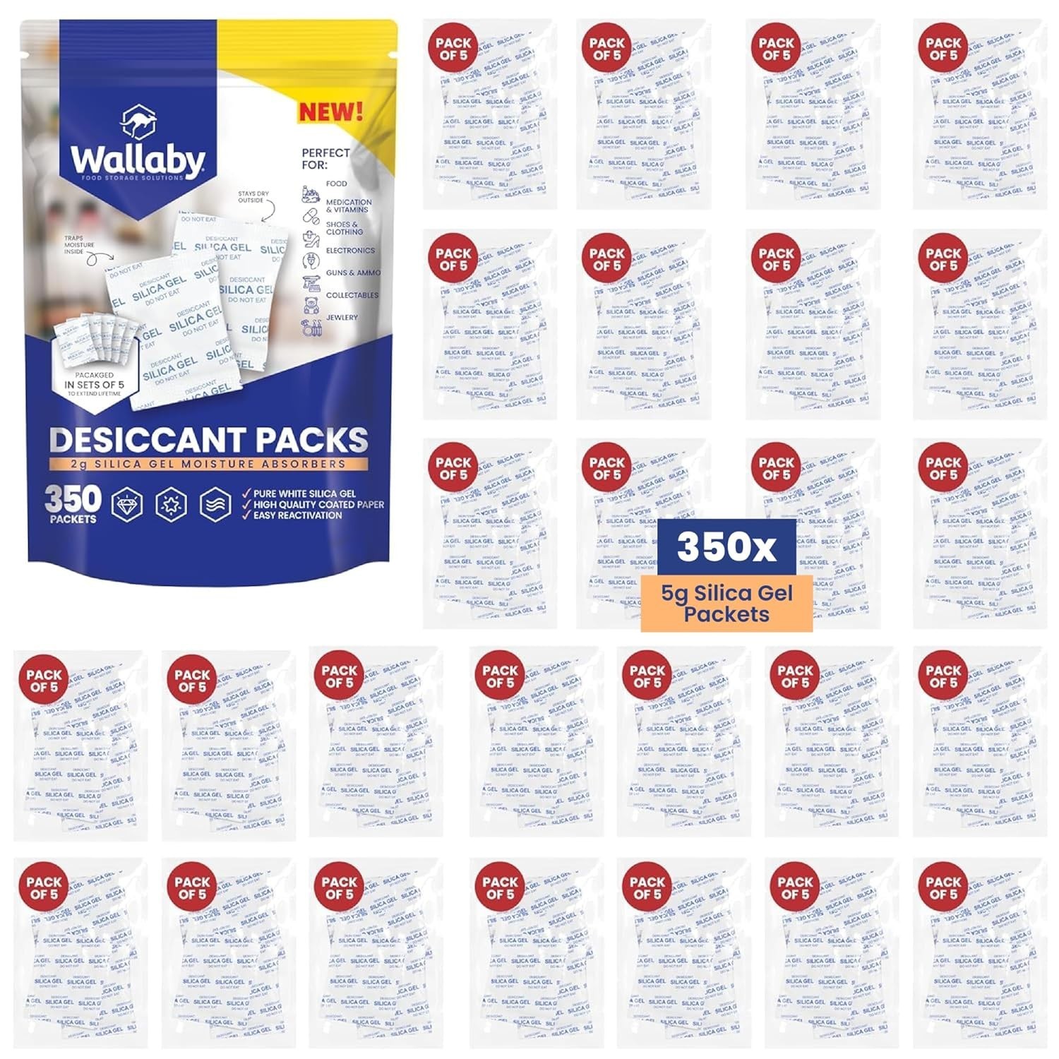 Wallaby 5g Silica Gel Packs 350 Packets Food Safe Rechargeable Moisture Absorb