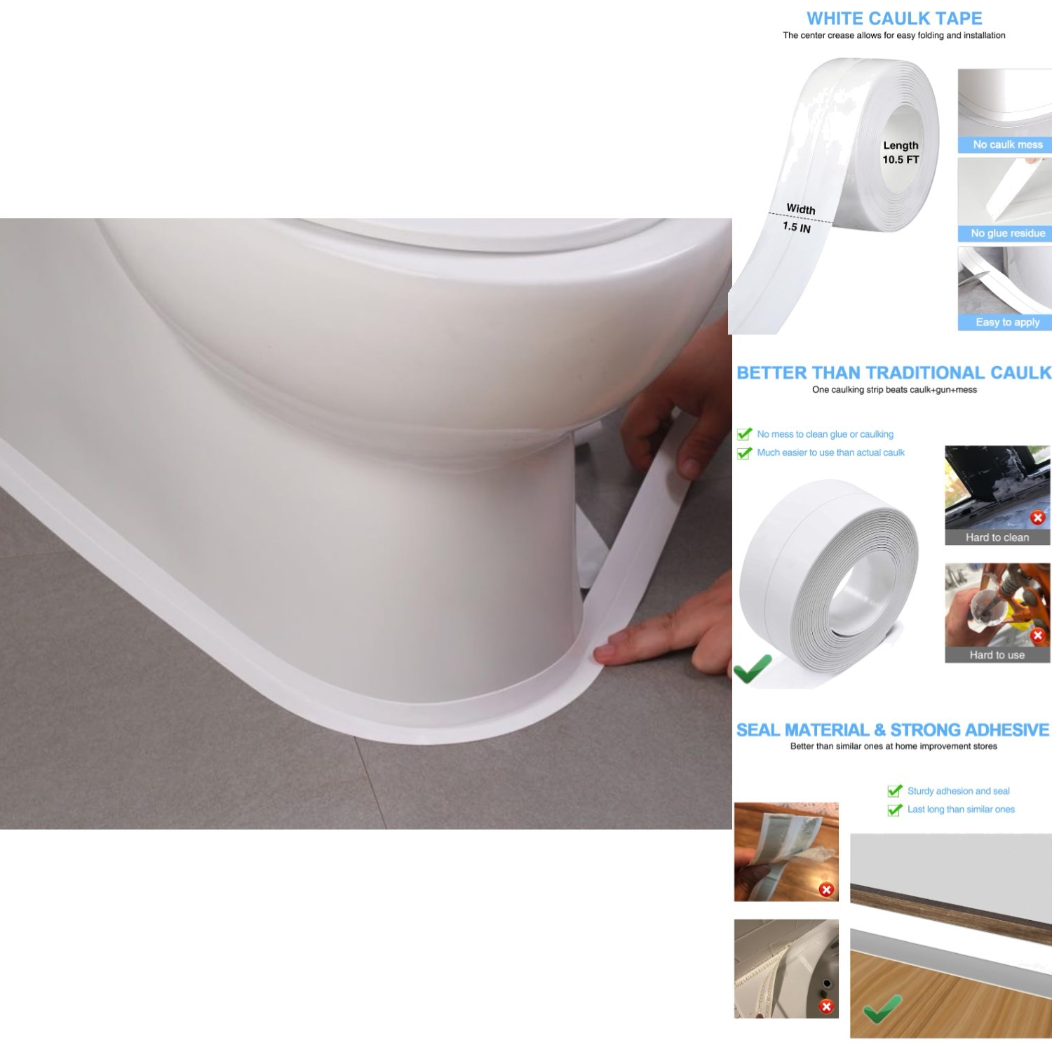 2 Rolls White Caulk Tape – Quick, Mess-Free Installation for Bathroom & Kitchen