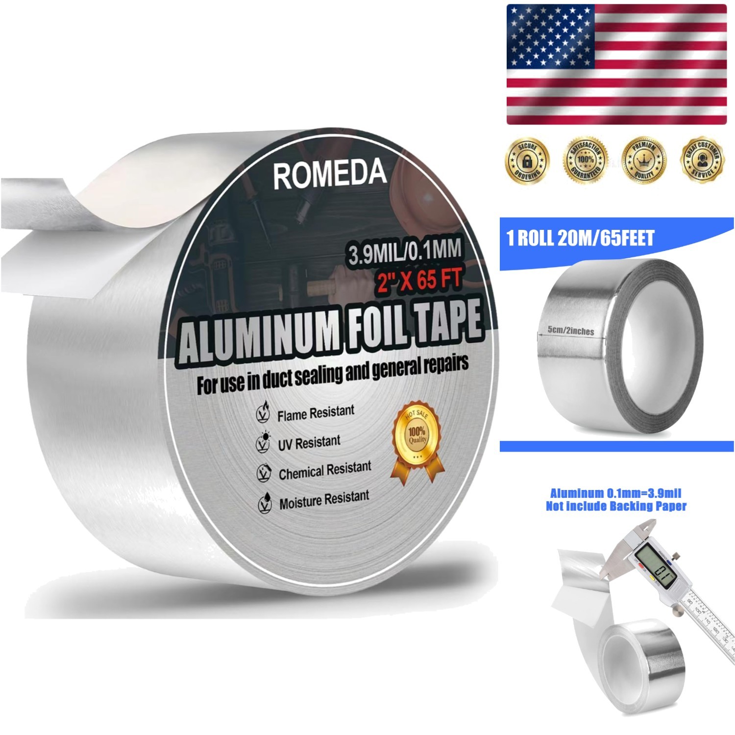 Aluminum Foil Tape 2″ x 65ft, UV & Heat Resistant – Perfect for HVAC Use