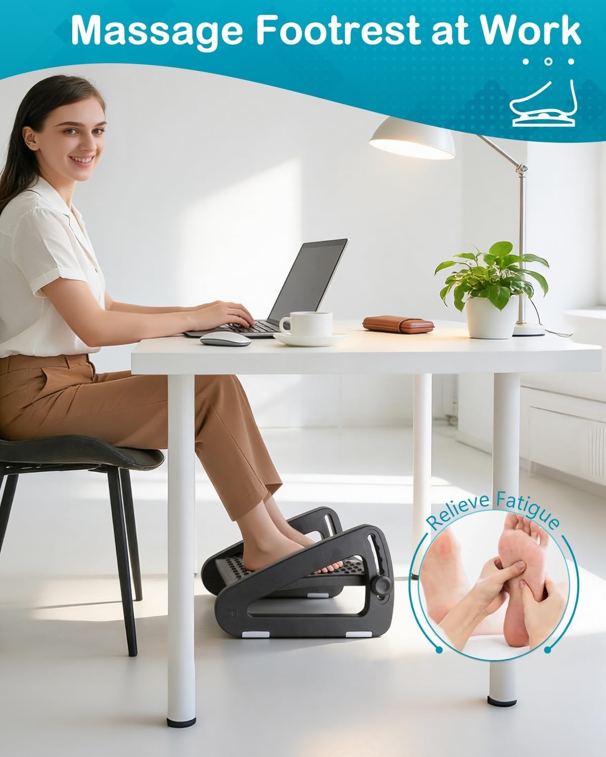 Ergonomic Under Desk Foot Rest – Adjustable Foot Stool with Roller Massager for
