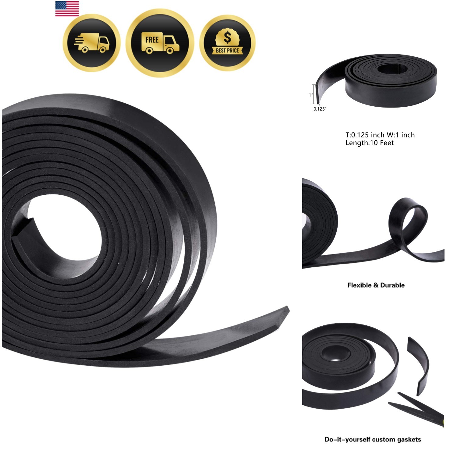 Solid Neoprene Rubber Strips Roll 1/8 .125 inch Thick X 1 inch Wide X 10 Feet…