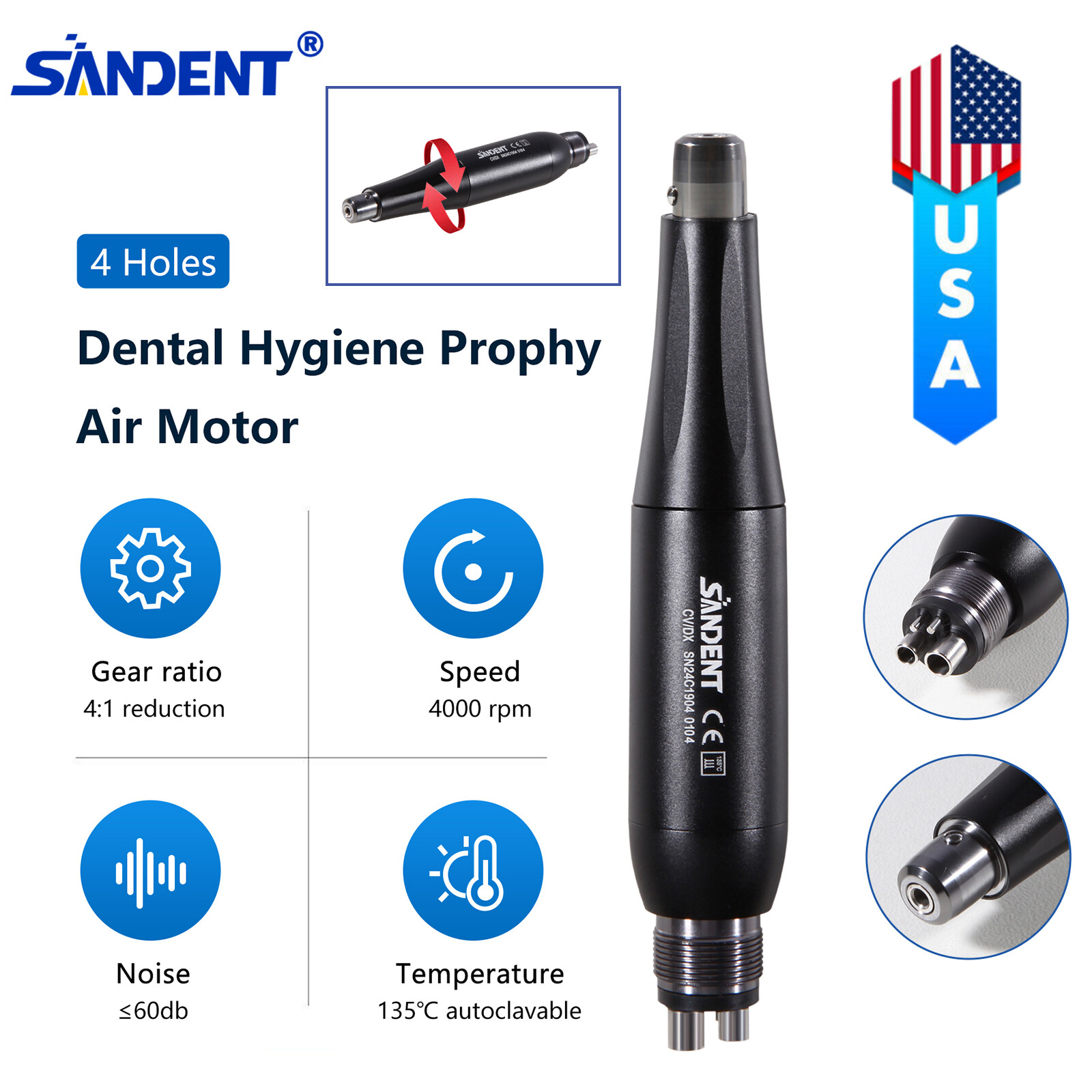 SANDENT 4:1 Reduction Hygiene Prophy Handpiece Air Motor 4Holes & Nose Cone