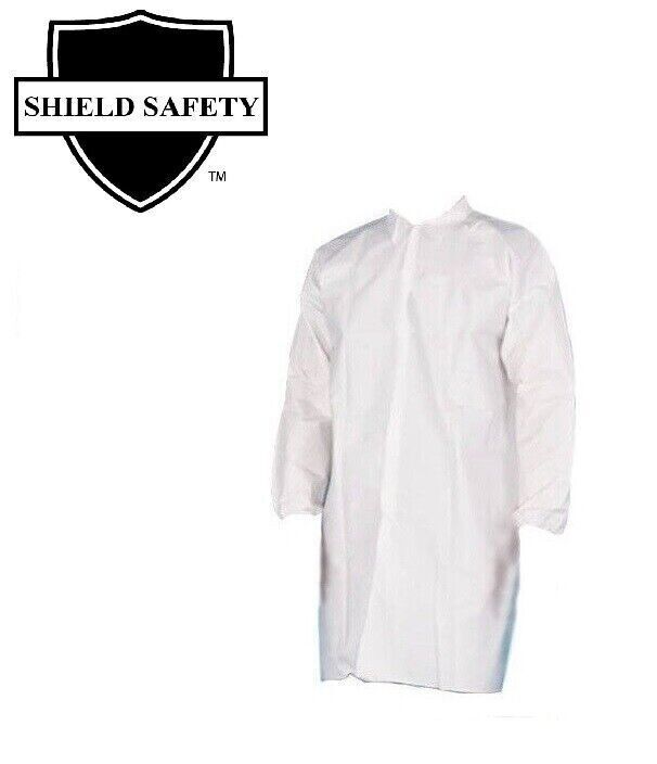 White Polypropylene 30G Lab Coats, 4 Snaps, Elastic Wrists, Medium 25 Pieces