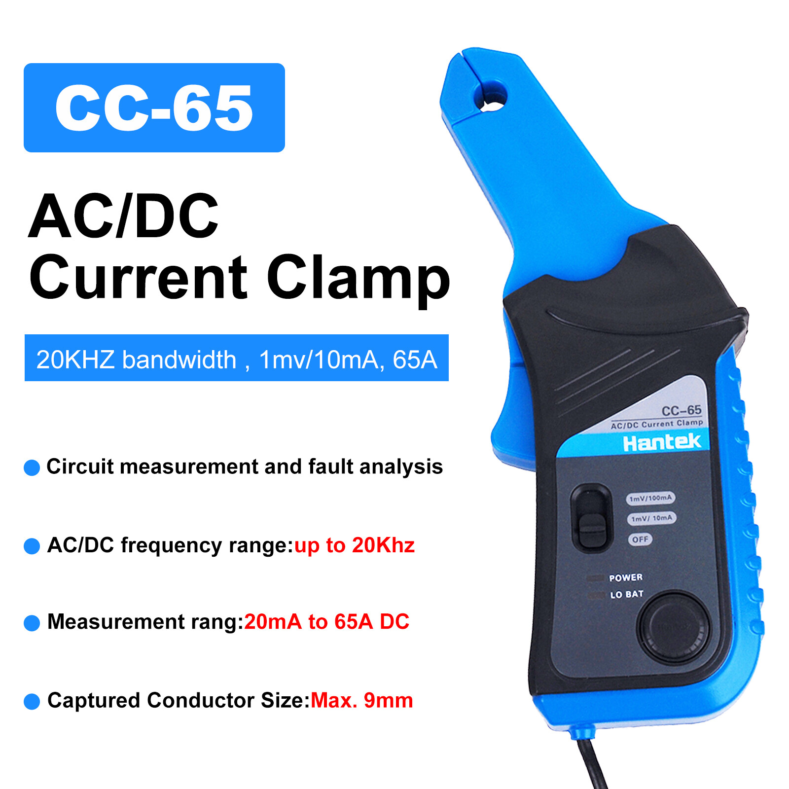 Hantek CC-65 AC/DC Digital Current Clamp Meter with BNC Connector 20KHz 65A