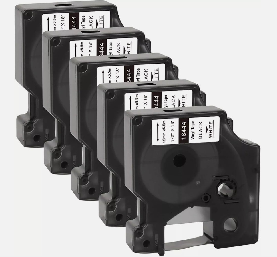 5PK Vinyl Label Tape 18444 12mm Black / White for DYMO RHINO 1000 3000 4200 5000
