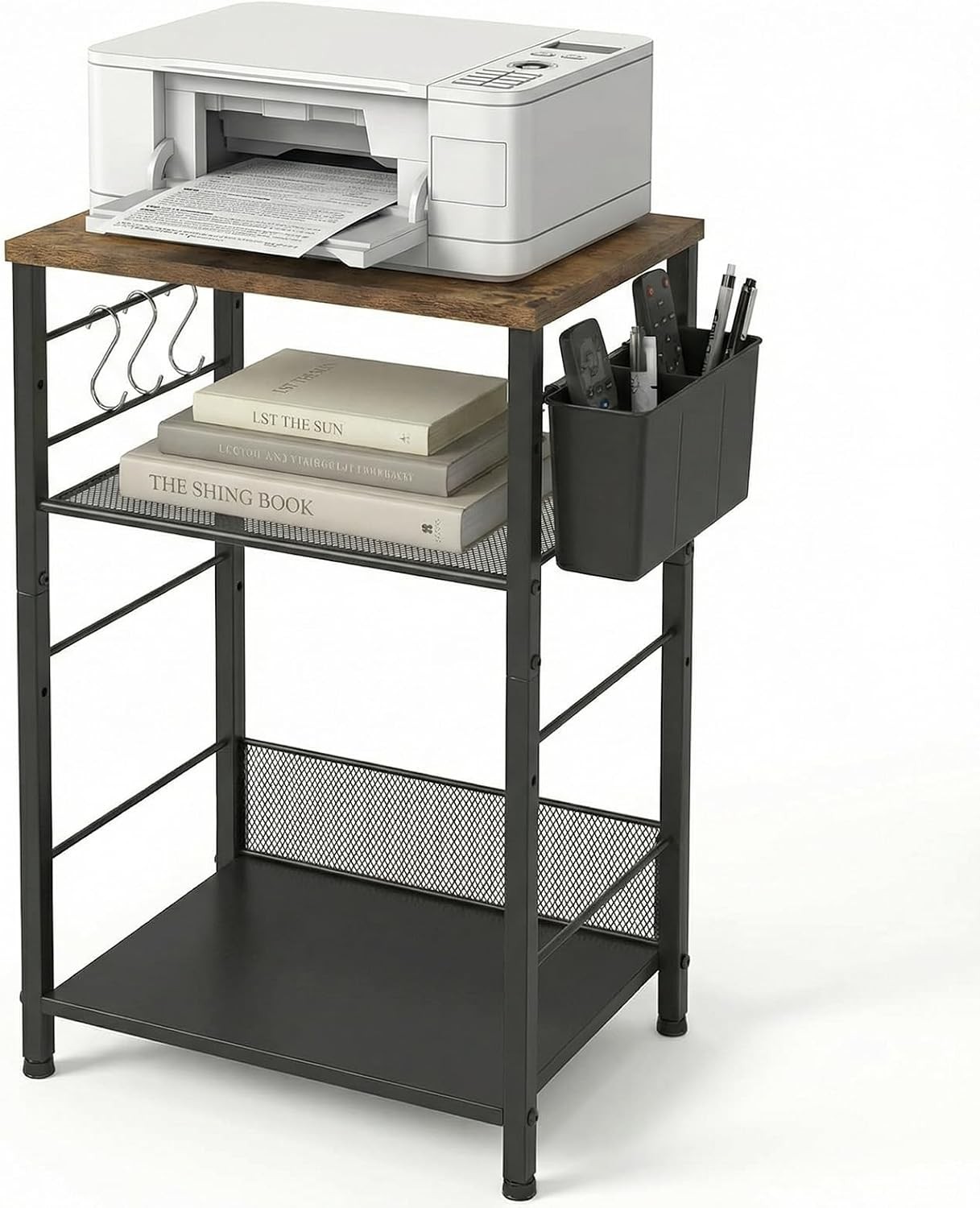 Adjustable 3-Tier Under Desk Printer Stand with Hooks & Basket
