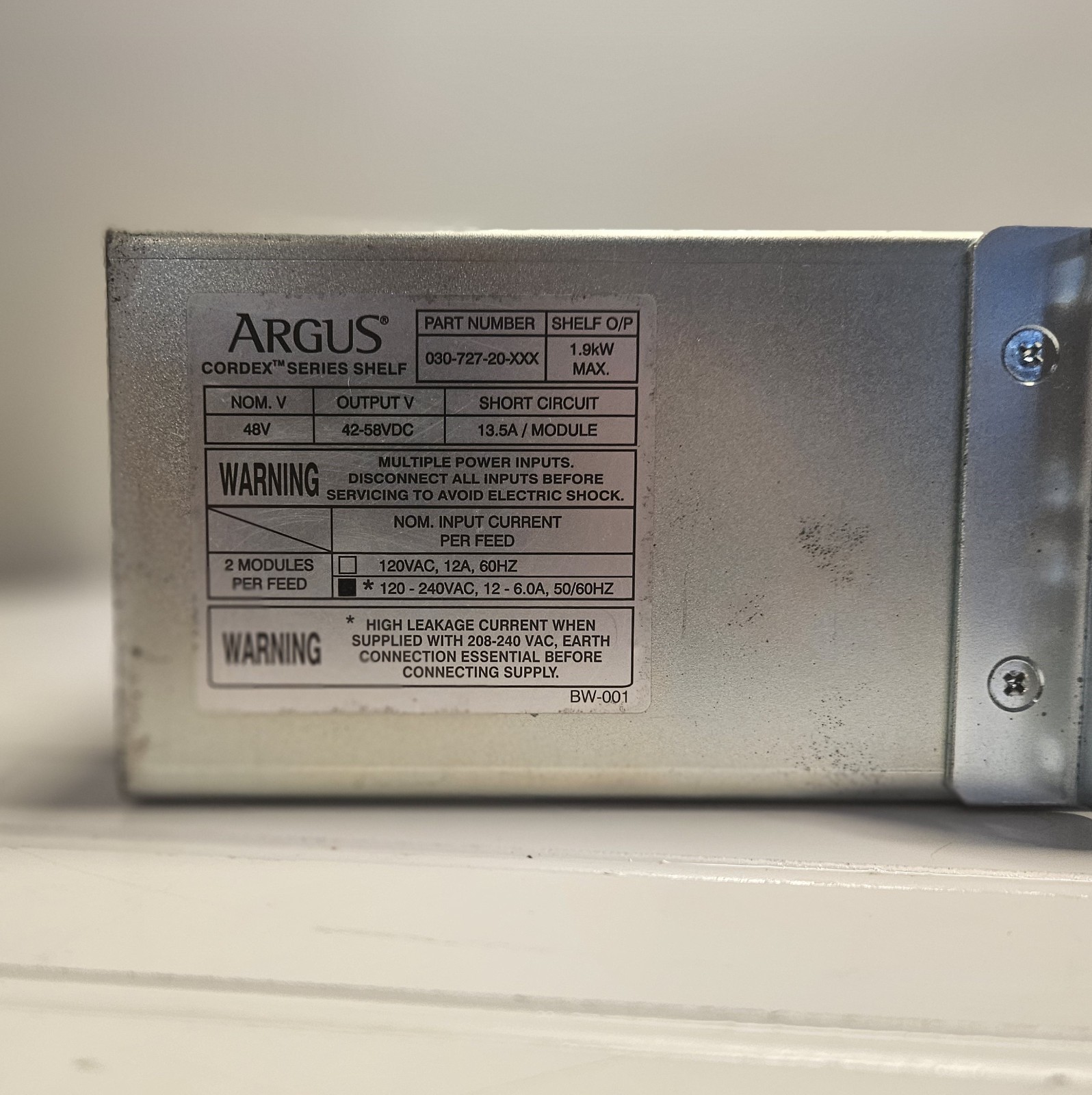 ALPHA / ARGUS 48VDC CORDEX 1.9kW RECTIFIER SHELF SYSTEM 120/240VAC IN 48VDC OUT