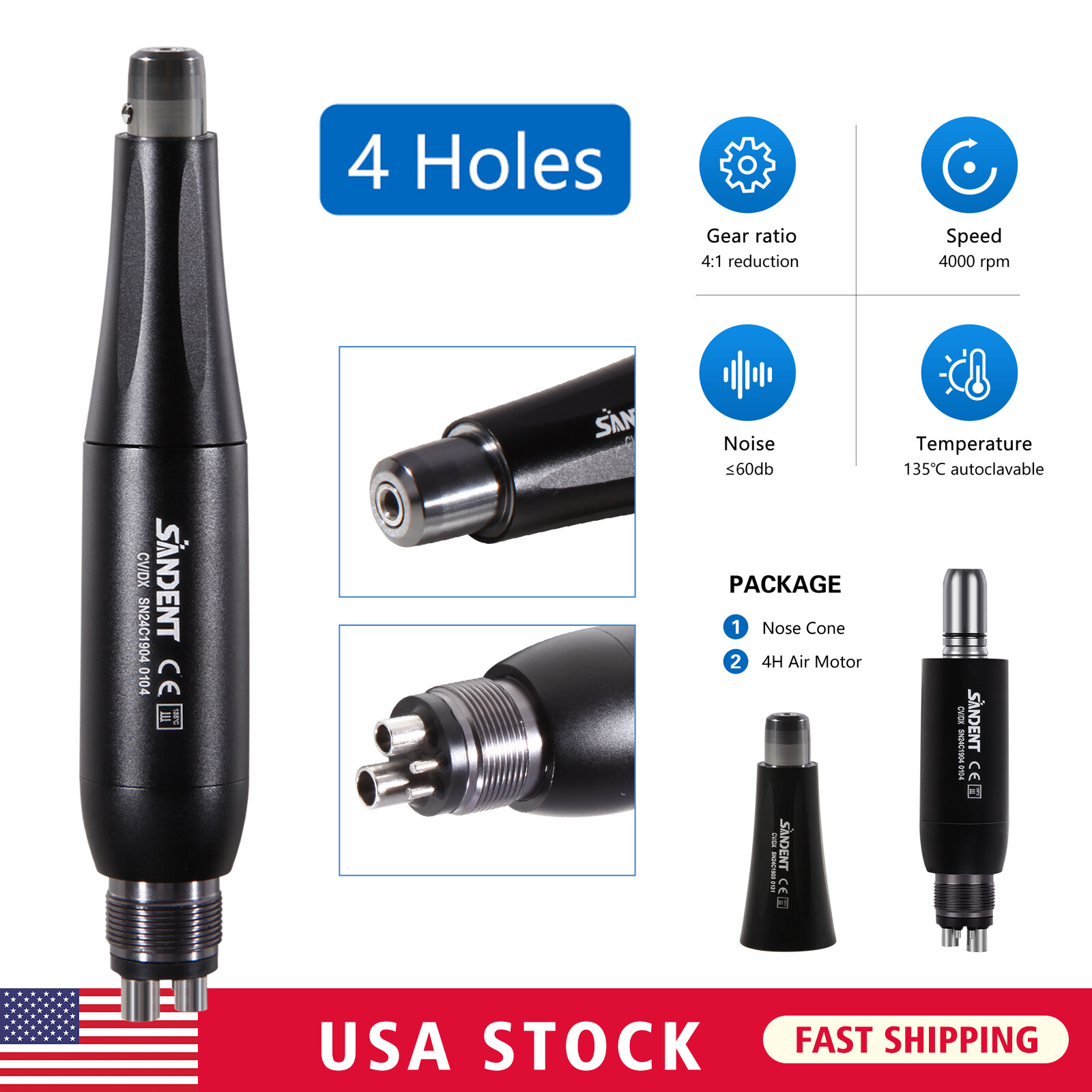 SANDENT 4:1 Reduction Hygiene Prophy Handpiece Air Motor 4Holes & Nose Cone
