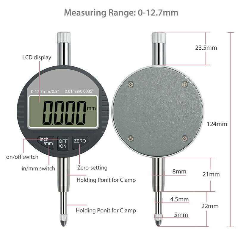 0.01/0.0005» Digital Dial Indicator Gauge 0-12.7mm/0.5″ Probe Test Indicator C#