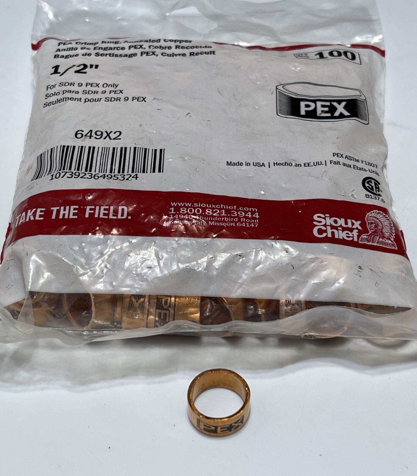 Bag of 100 Sioux Chief PEX Crimp Ring 1/2” Annealed Copper 649×2 USA SDR 9 PEX